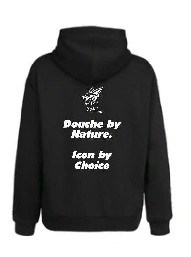 Black hoodie with white text and logo on a white background