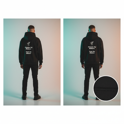 Person wearing a black hoodie with text on the back, shown from front and back views, with a close-up of the fabric texture.