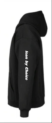 Black hoodie with 'Born by Choice' text on a white background