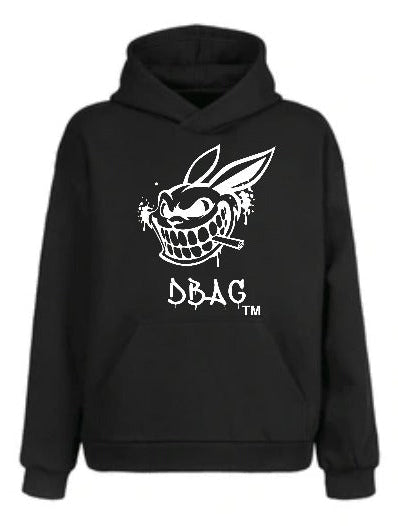 Black hoodie with white graphic design and 'DBAG' text on a white background